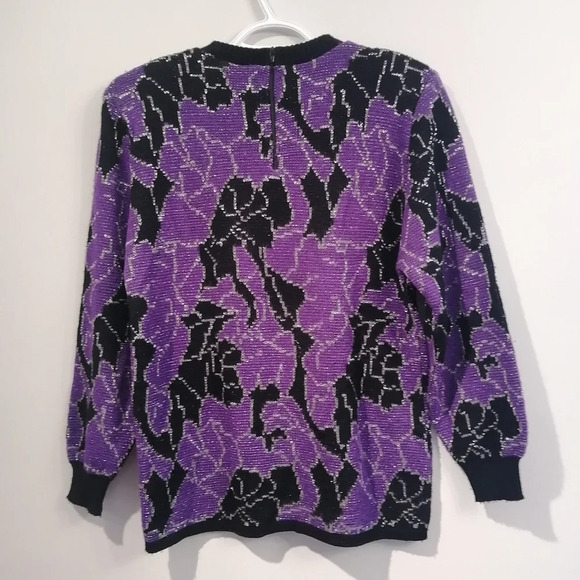 Vintage 80s D'Allairds Purple and Black Knit Metallic Floral Sweater Small - Picture 4 of 15
